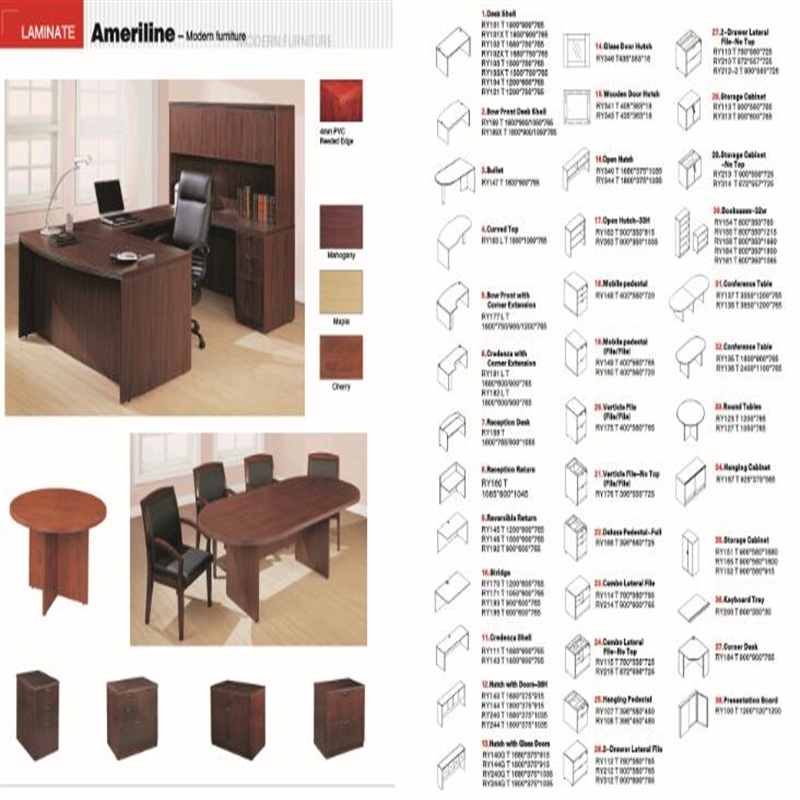 laminaatti toimistokalusteet Yhdysvaltain markkinoille - E1-levyt CARB-sertifikaatilla. Työpöydät, U-setti, tavarakaapit, kirjahylly, kaapit jne.